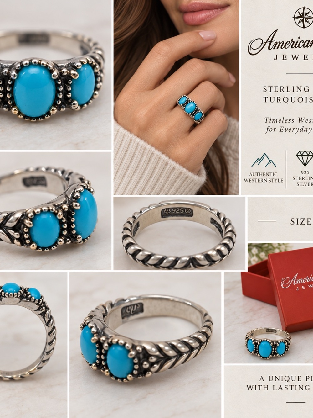 American West Jewelry 925 Sterling Silver Turquoise Three-Stone Ring Size 6